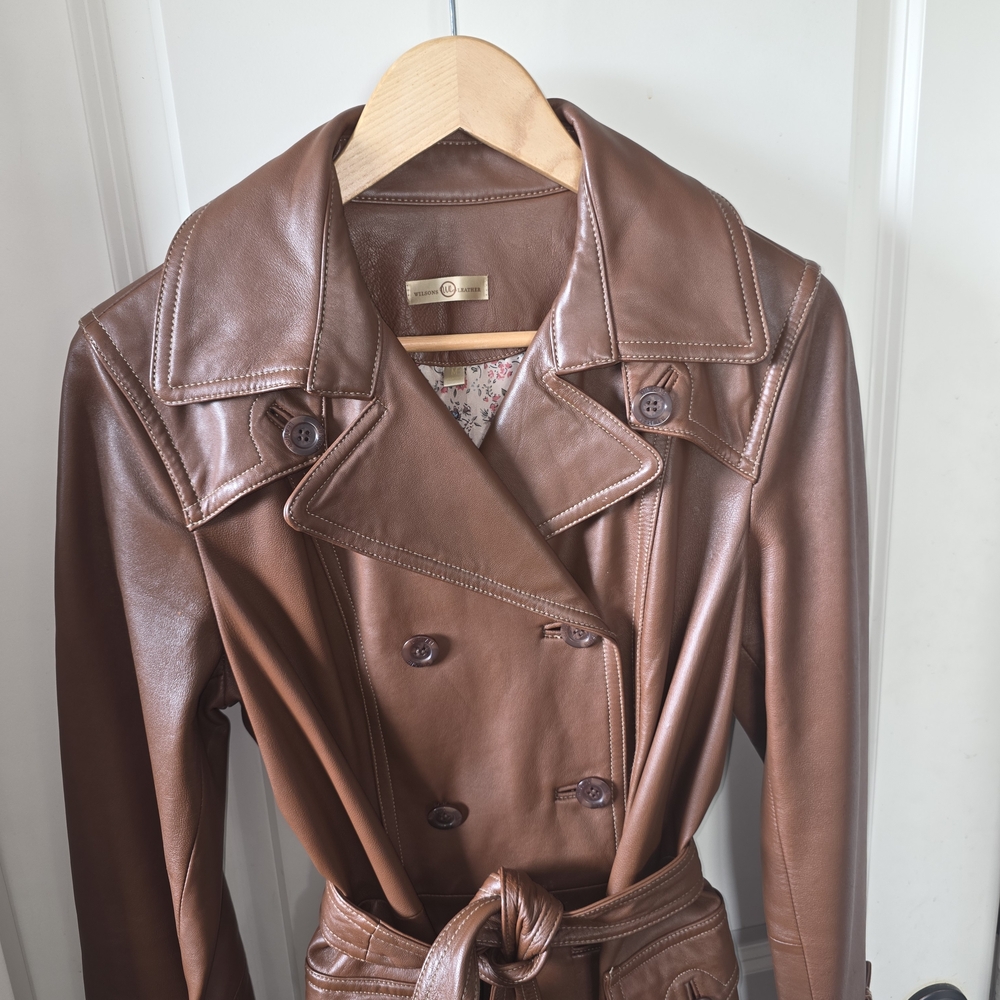 Wilson's Leather Brown Double-Breasted Leather Trench Coat